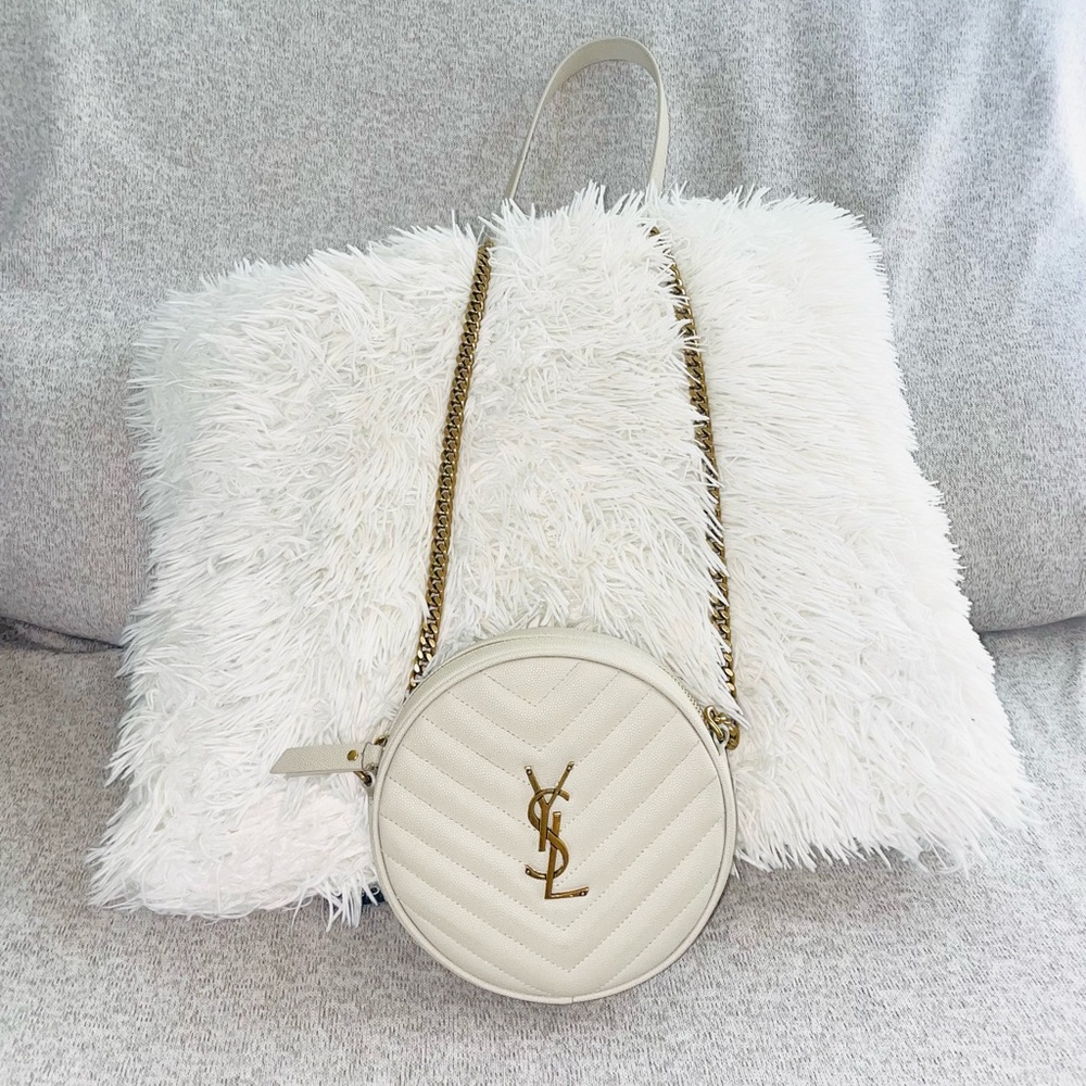 Authentic Vinyle YSL Round Quilted Grain de Poudre Crossbody Bag